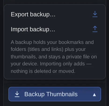 The Backup Thumbnails menu in Bookmark Canvas with Export backup and Import backup, and a note that importing only adds and nothing is deleted or moved.