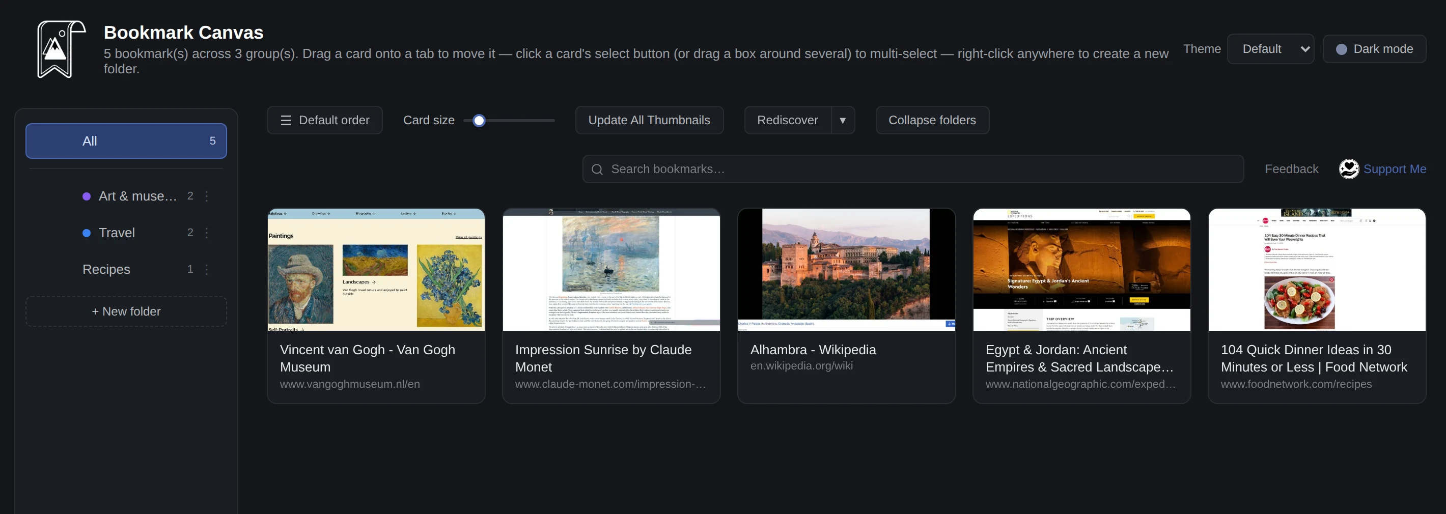 Bookmark Canvas open in Chrome, showing five bookmarks as page thumbnails: the Van Gogh Museum, Monet's Impression Sunrise, the Alhambra, a National Geographic expedition and a Food Network recipe list, sorted into Art and museums, Travel and Recipes folders.