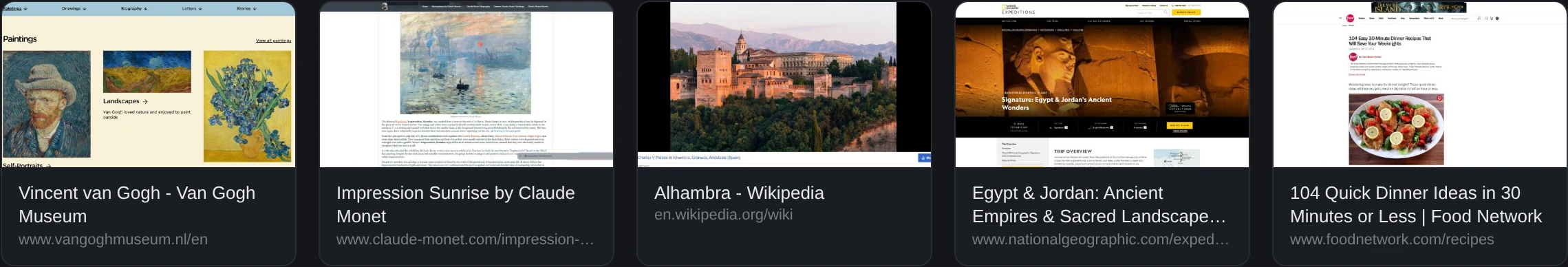 Five bookmark thumbnails in Bookmark Canvas: Van Gogh Museum, Monet, the Alhambra, National Geographic Expeditions and Food Network.
