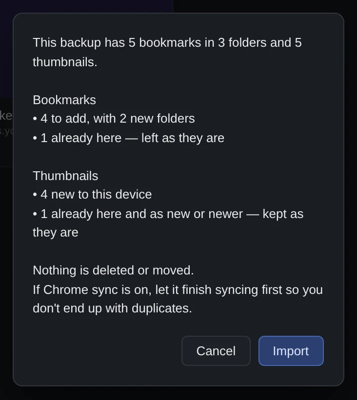 Import preview in Bookmark Canvas: 5 bookmarks in 3 folders, 4 bookmarks to add, 1 already here, 4 new thumbnails, and a note that nothing is deleted or moved.
