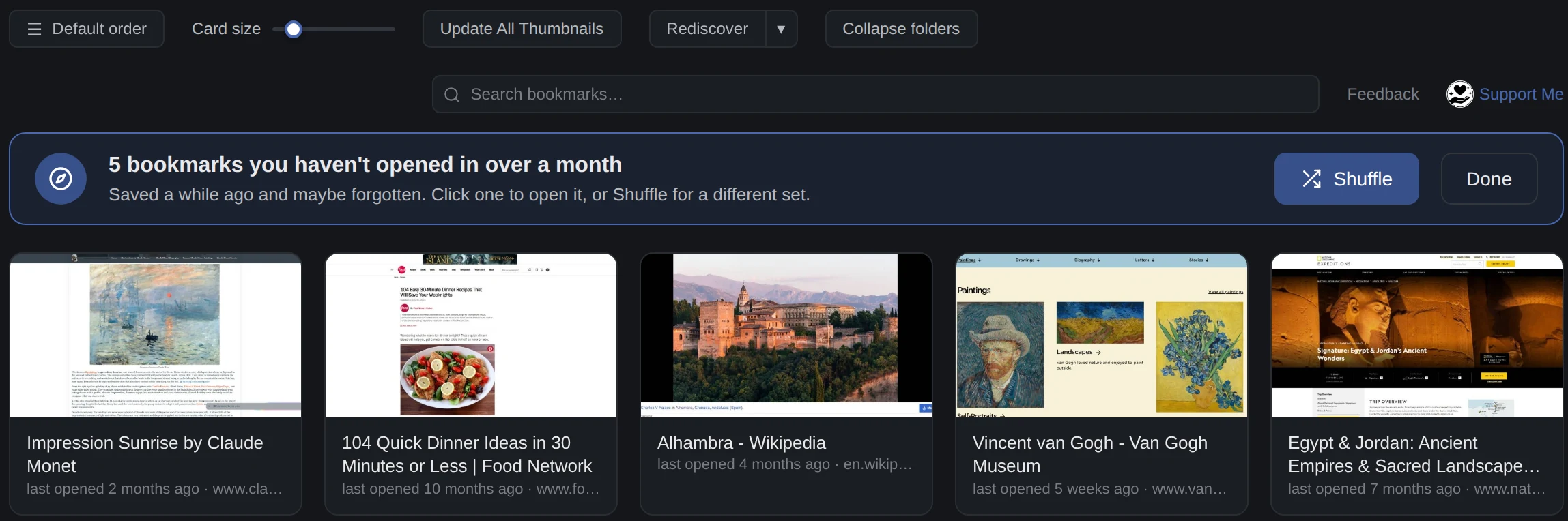 The Rediscover bar in Bookmark Canvas: 5 bookmarks you haven't opened in over a month, with Shuffle and Done buttons, above the matching thumbnails.